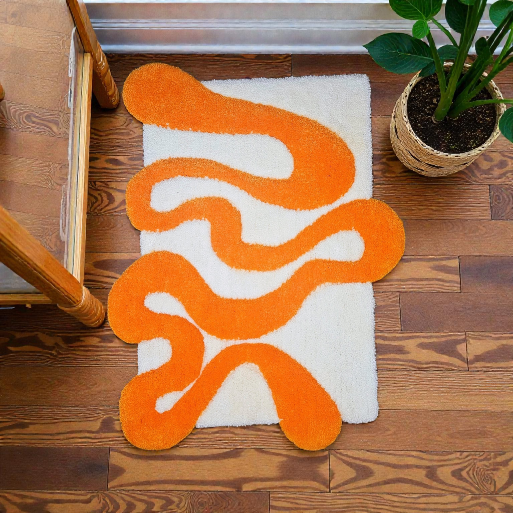 🧡 Handmade Tufted Abstract Rug / Bath Mat – Orange & White Wavy Modern Floor Decor