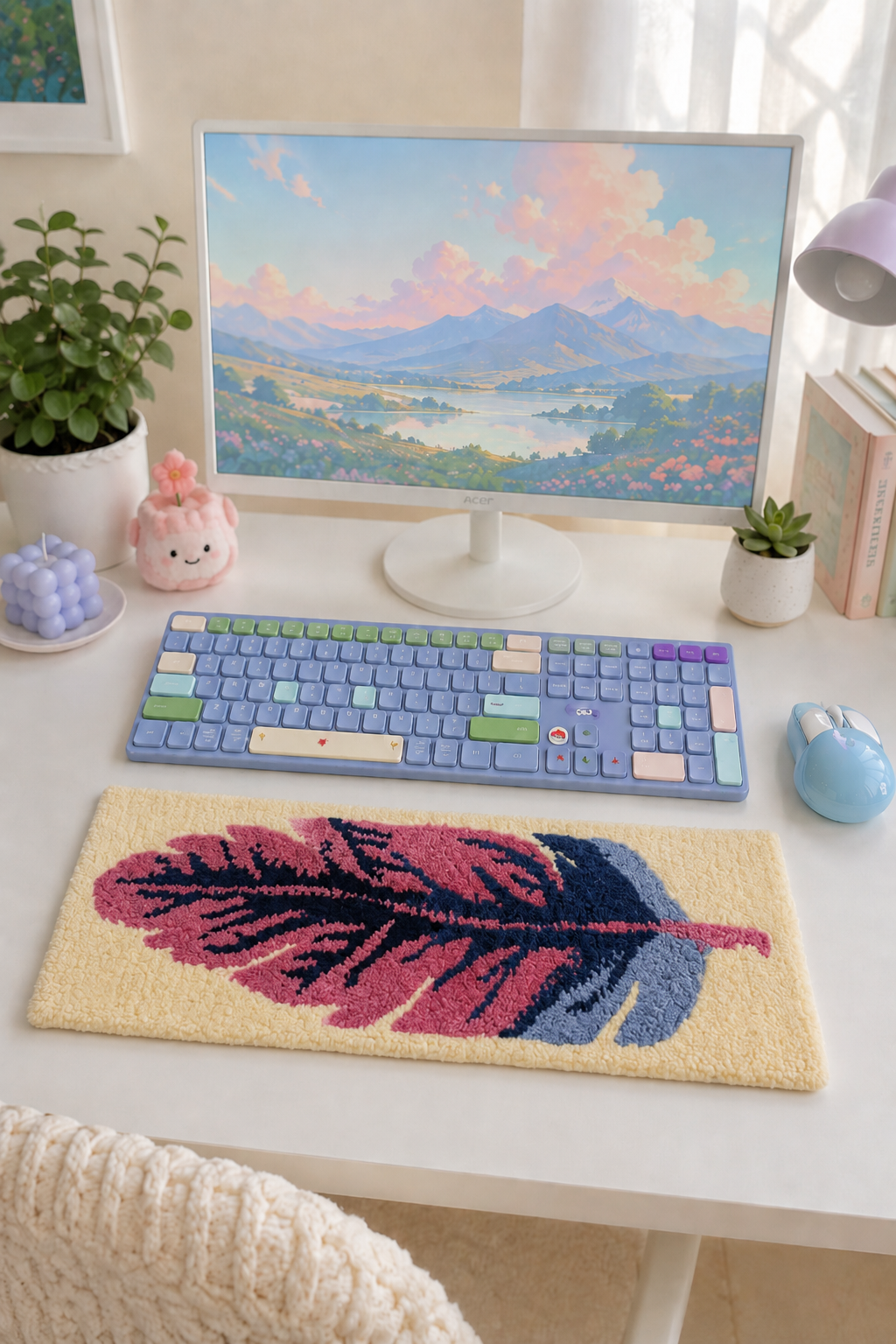 🪶 Handmade Tufting Desk Rug – Feather Design Keyboard Mat | Decorative Desk Decor