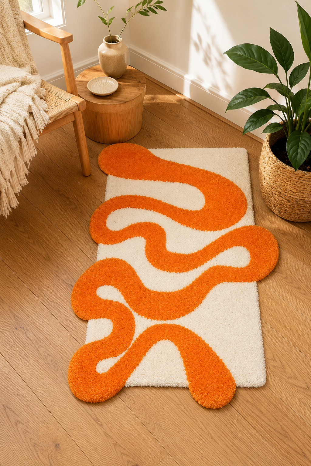 🧡 Handmade Tufted Abstract Rug / Bath Mat – Orange & White Wavy Modern Floor Decor