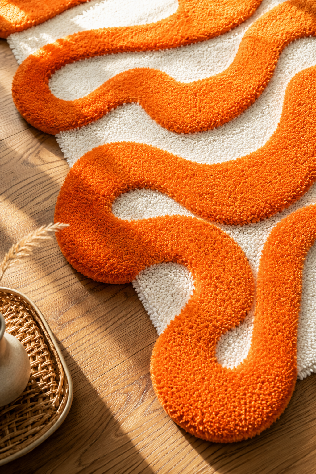 🧡 Handmade Tufted Abstract Rug / Bath Mat – Orange & White Wavy Modern Floor Decor